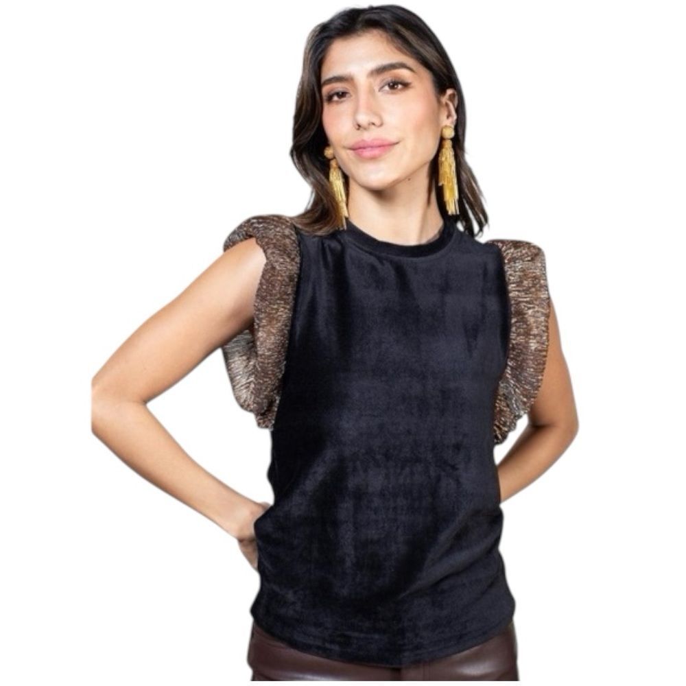 THML Women’s Black Corduroy Dressy Top Rose Gold Metallic Ruffle Sleeves Small